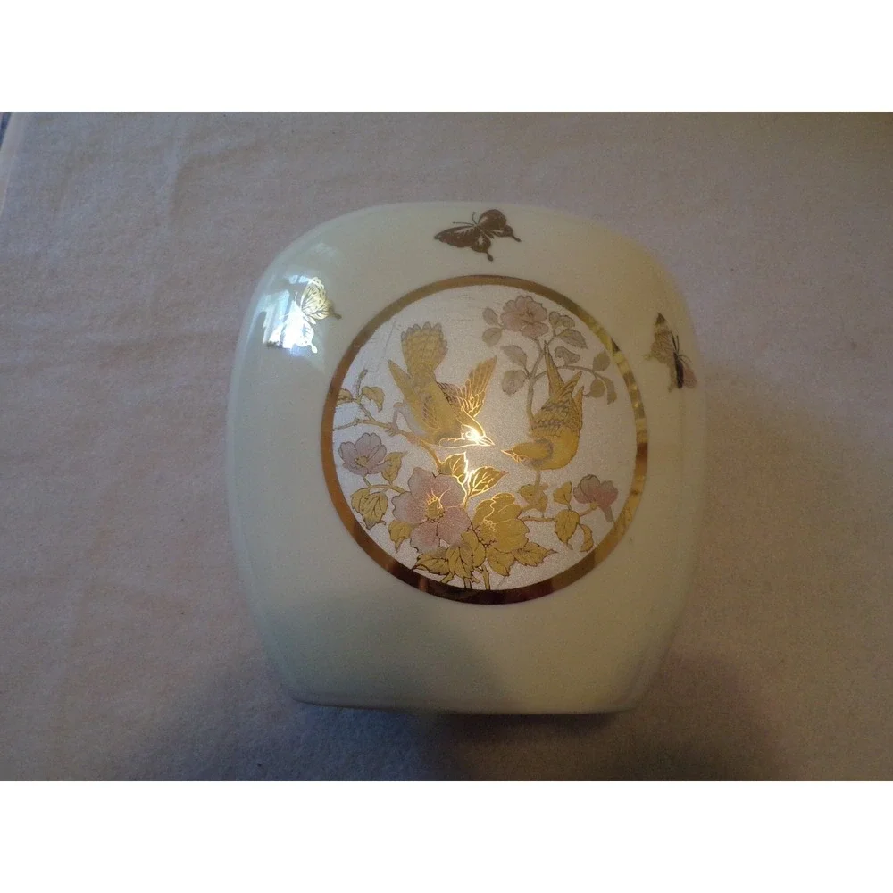 Vintage Gold Floral Birds and Butterflies Cream Color Vase by Action Japan